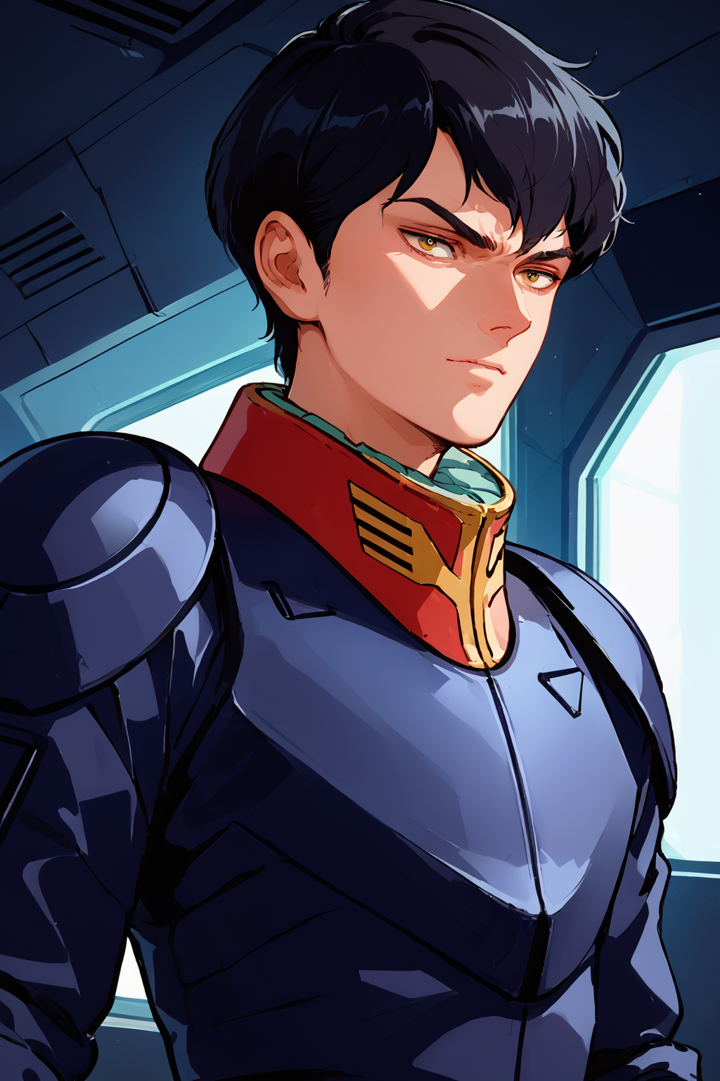 01022-584598374-sci-fi illustration, gyunei, solo male, handsome face, black hair, (slim-build_1.2), wearing space suit with red and yellow coll.png